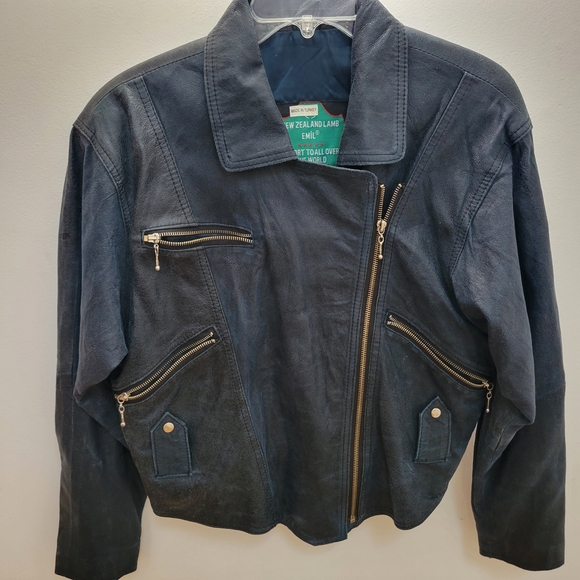 Men's Dark Blue Leather Bomber Jacket - Picture 11 of 13